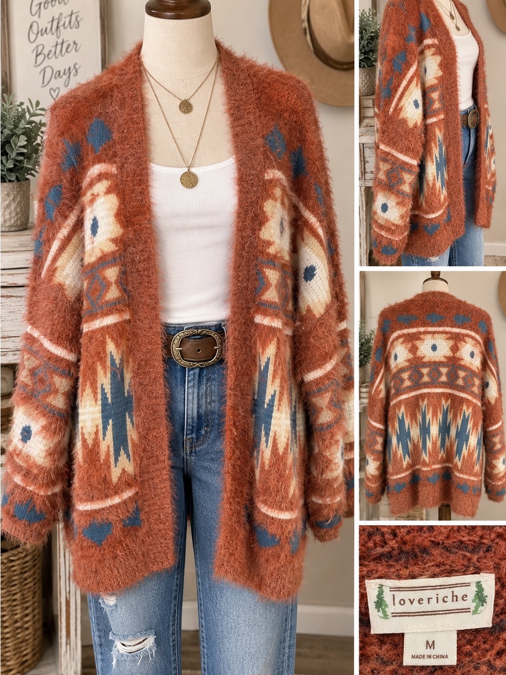 LOVERICHE Fuzzy Southwestern Aztec Cardigan Sweater Rust Blue Cream Size M